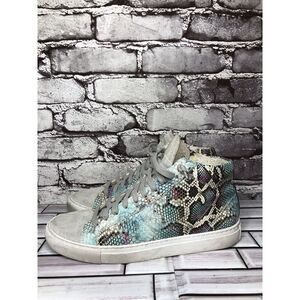P448 Blue Leather Snake Lace Up Casual Side Zip High Top Sneakers Shoes Women 39